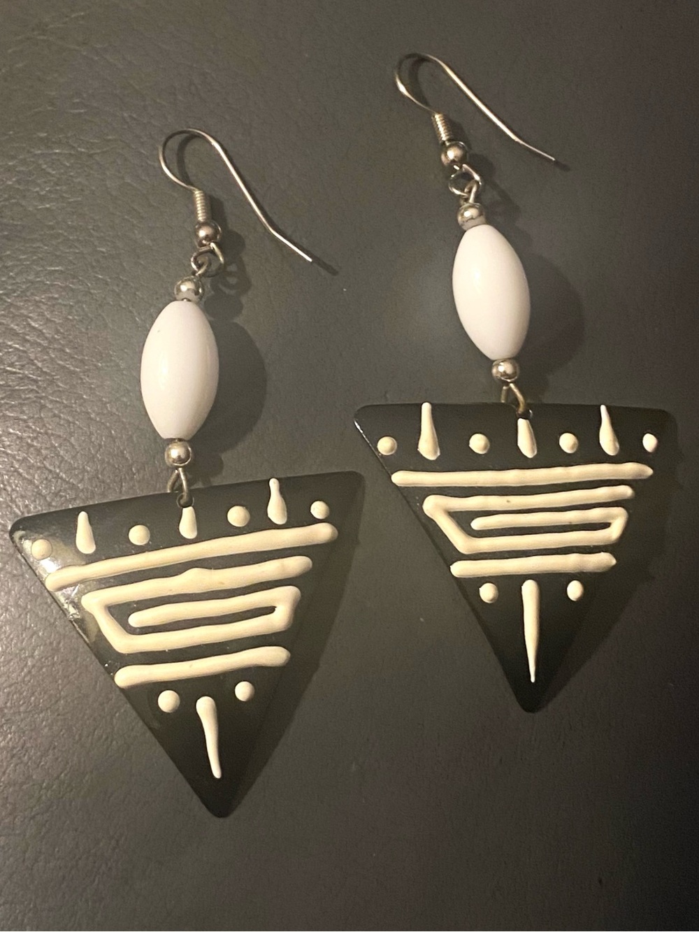 Handmade Tribal Style Triangle Dangle Earrings Geometric Pattern Black Metal